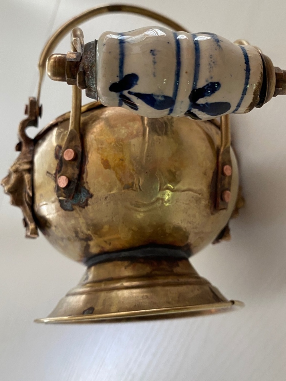 Antique Hand Crafted Mini Pitcher With Lion Heads & Blue White Painted Handle - Picture 9 of 14
